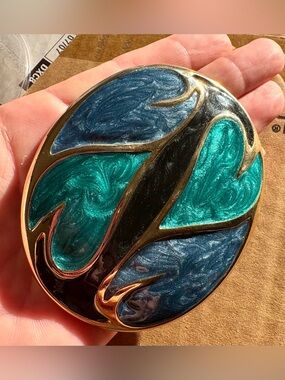 Vintage Heart Blue Green Enamel Oval Stretch Belt Buckle by DMP Made in America